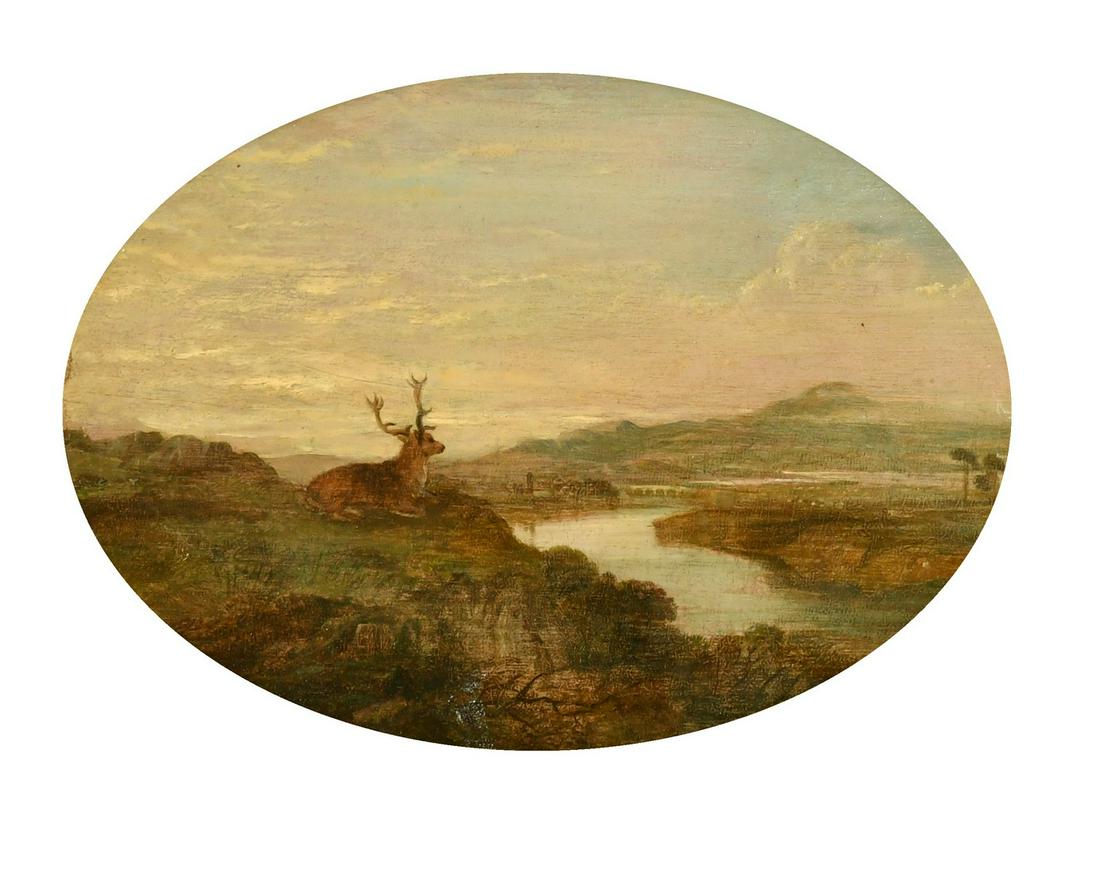 19th Century School, a stag overlooking an extensive landscape, oil on panel, 9.5" x 13". (1 of 3)