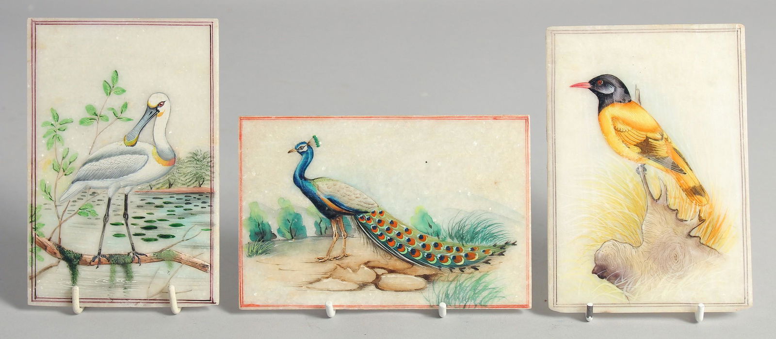 THREE GOOD INDIAN PAINTINGS OF BIRDS ON ALABASTER, each 15cm x 10cm, (3). (1 of 5)