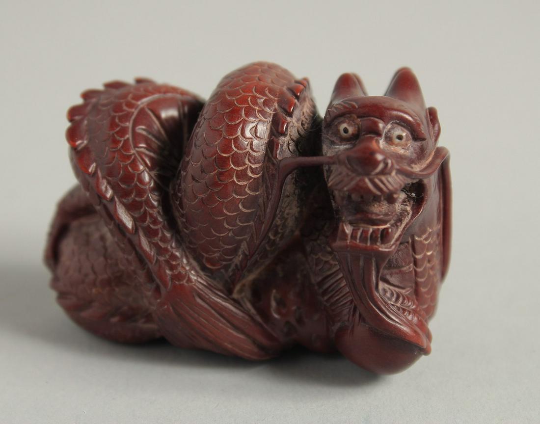 A CARVED WOOD NETSUKE, DRAGON. 2ins.: A CARVED WOOD NETSUKE, DRAGON. 2ins.