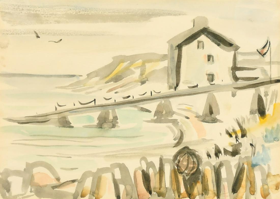 Circle of John Piper, Lifeboat beach, Swanage', watercolour, inscribed on label verso, 5" x 7": Circle of John Piper, Lifeboat beach, Swanage', watercolour, inscribed on label verso, 5" x 7" (12.5x18cm) along with an unframed gouache, a beach scene with figures, 6" x 17.5", (15x44.5cm) (2).