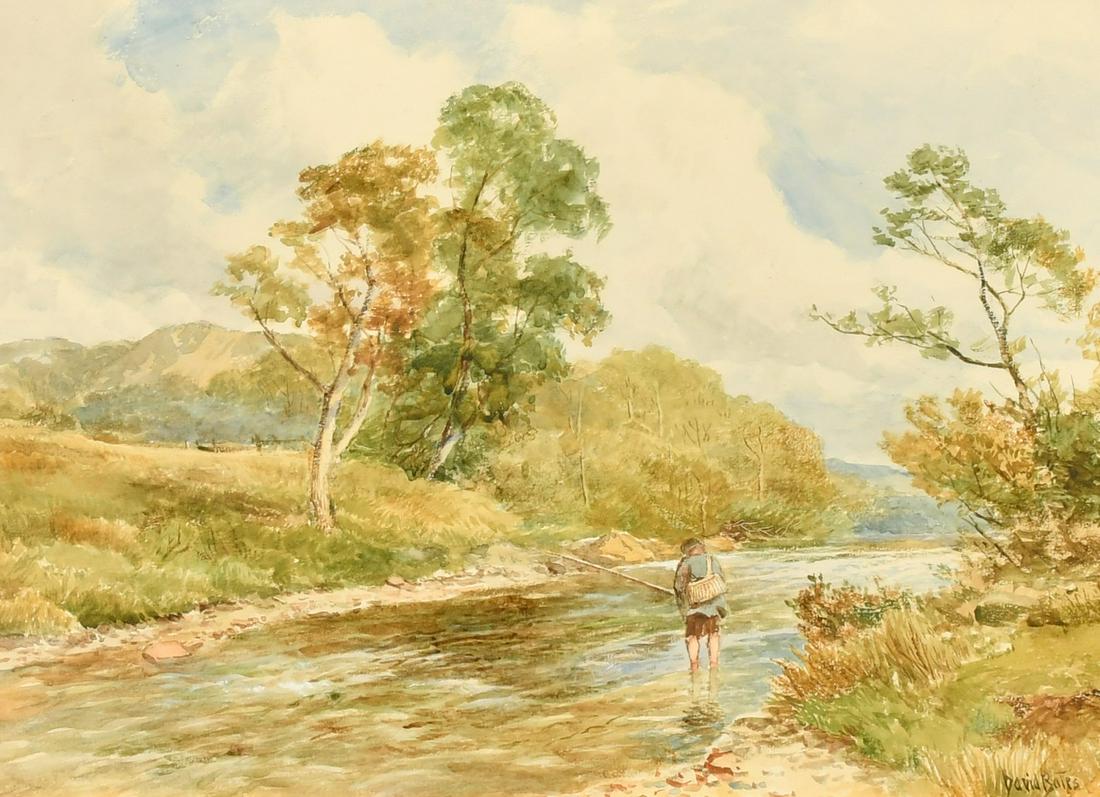 David Bates (1840-1921) British, 'The Trout Fisher', watercolour, signed, 9.75" x 13.75", (25x35cm).: David Bates (1840-1921) British, 'The Trout Fisher', watercolour, signed, 9.75" x 13.75", (25x35cm).