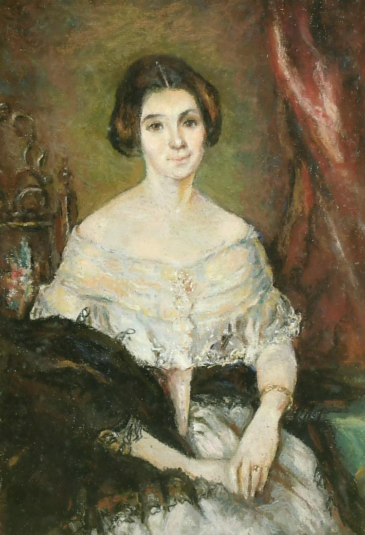 19th Century, portrait of a seated lady wearing a white dress, gouache, 12.25" x 8.25", (31x21cm).: 19th Century, portrait of a seated lady wearing a white dress, gouache, 12.25" x 8.25", (31x21cm).