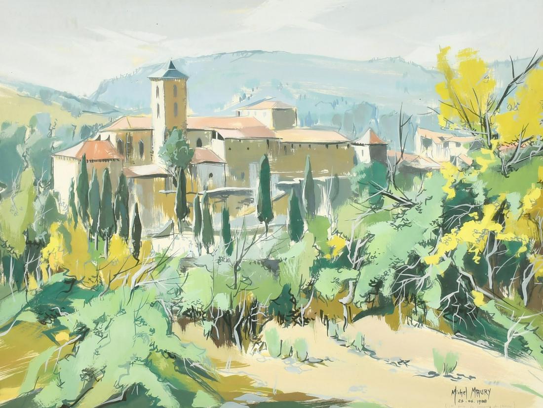 Michel Maury (Late 20th Century) French, Buildings surrounded by trees, watercolour, signed and: Michel Maury (Late 20th Century) French, Buildings surrounded by trees, watercolour, signed and dated 26.06.1988, 16.25" x 21.5", (41.5x54.4cm).