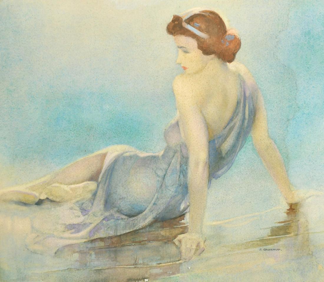 Joseph Greenup (1891-1946) British, an elegant female figure at the water's edge, watercolour, (1 of 4)