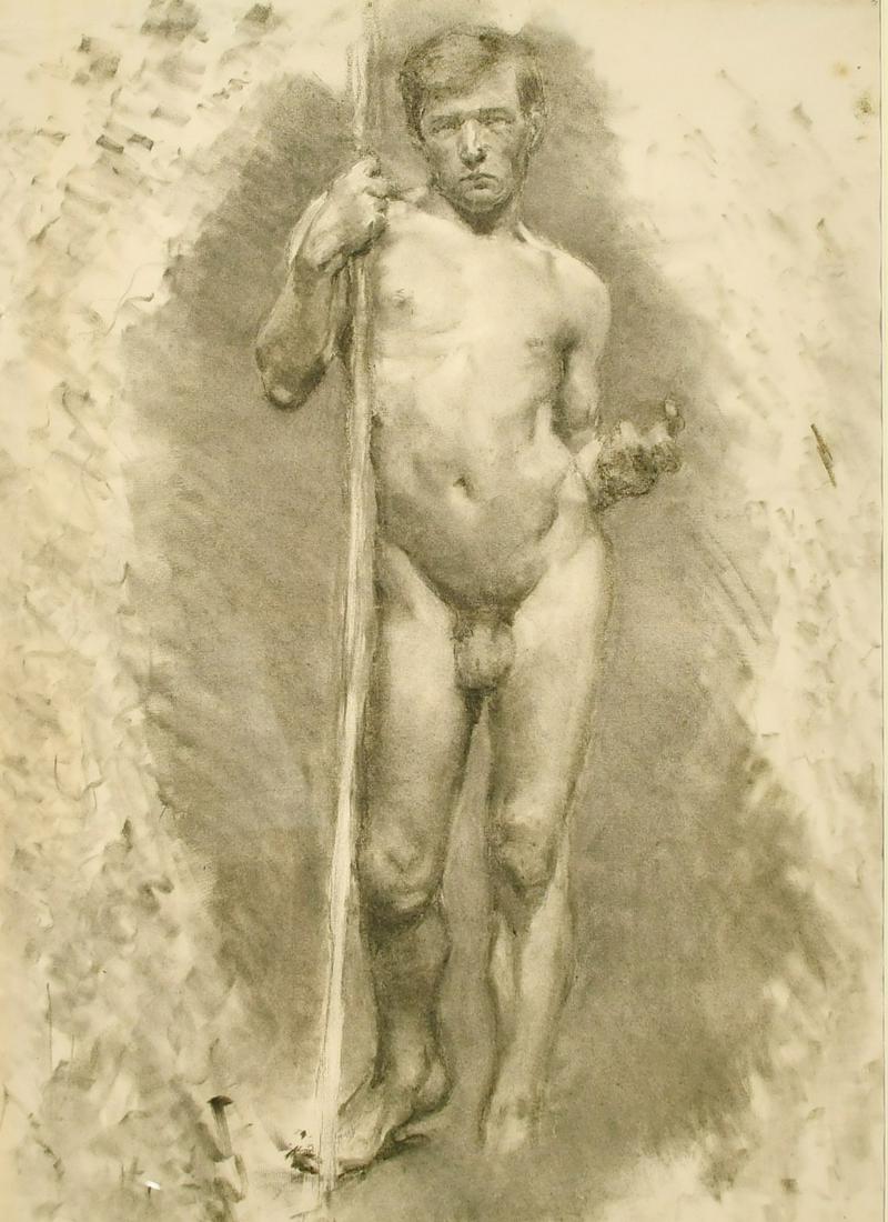 Attributed to Lucy Kemp-Welch (1869-1958) British, a charcoal study of a standing male nude, 23" x: Attributed to Lucy Kemp-Welch (1869-1958) British, a charcoal study of a standing male nude, 23" x 17" (58 x 43cm).
