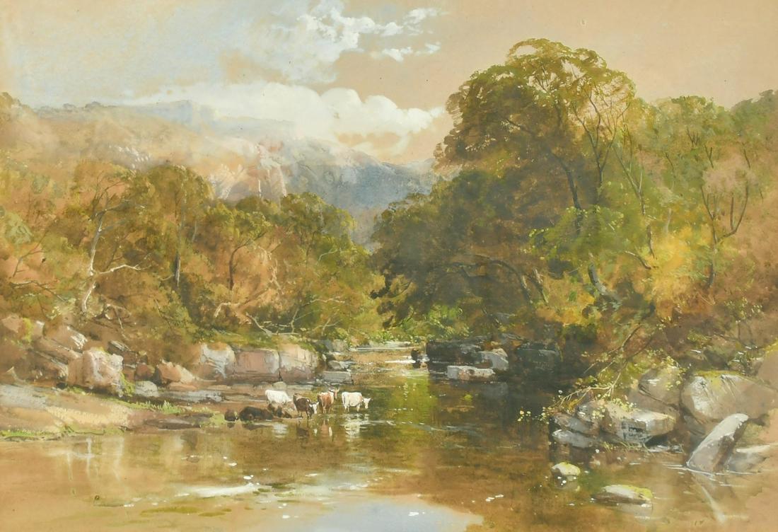 James Burrell Smith (1822-1897) British, cattle watering in a hillside river, watercolour, 14" x (1 of 3)