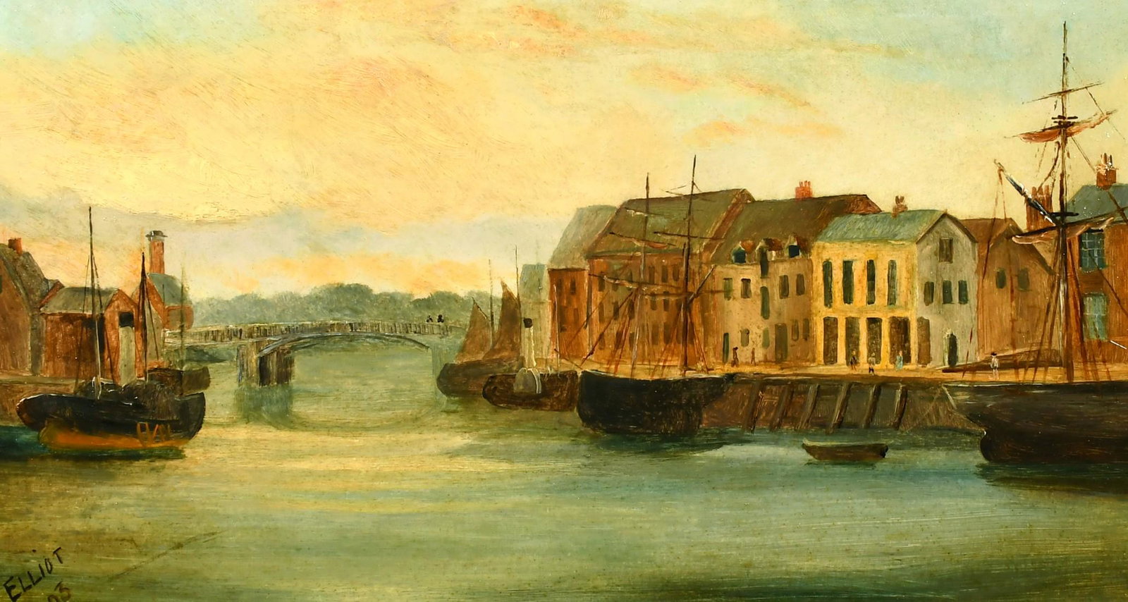 T. Elliot (circa 1893), Boats moored along a town quay, oil on canvas, signed, 10" x 18",: T. Elliot (circa 1893), Boats moored along a town quay, oil on canvas, signed, 10" x 18", (25.5x46cm).