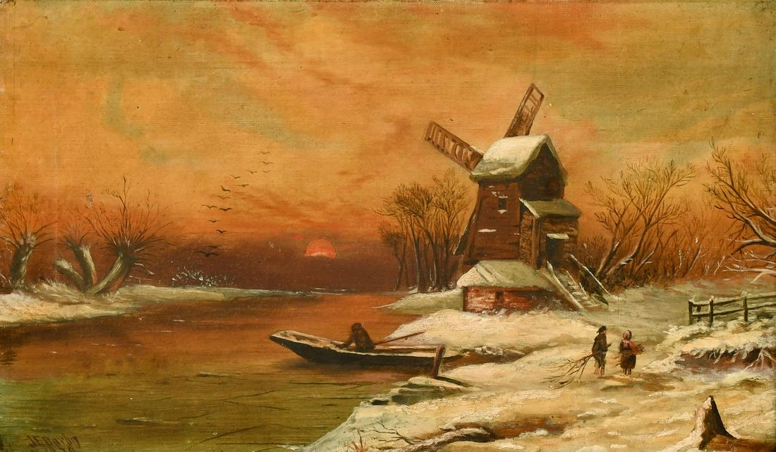 English School, Circa 1879, wayfarers in a snowy river landscape, oil on canvas, indistinctly (1 of 7)