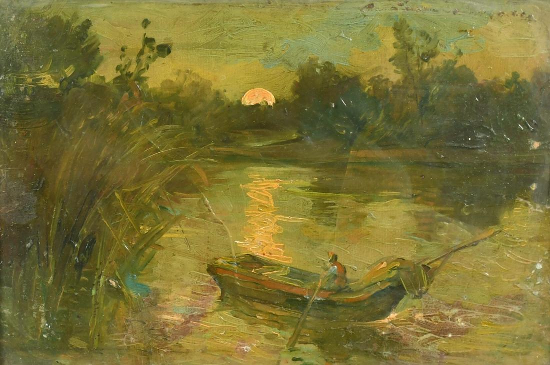 19th Century Continental School, figure in a rowing boat on a river at dusk, oil on board, 9" x 13" (1 of 3)