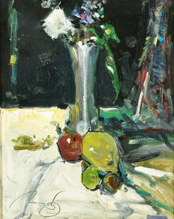 Ken Moroney (1949-2021) British, a still life of flowers and mixed objects on a tabletop, oil on: Ken Moroney (1949-2021) British, a still life of flowers and mixed objects on a tabletop, oil on board, signed, 20" x 16" (51 x 41cm).