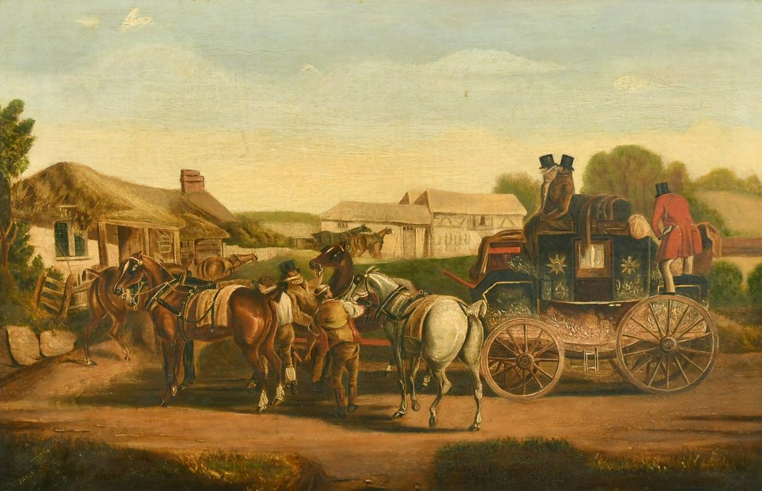 Circle of John Charles Maggs, changing horses on a stagecoach, oil on canvas, indistinctly dated, (1 of 4)