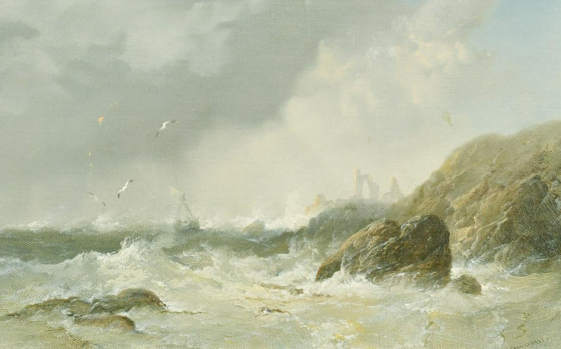 James Webb (1825-1895) British, waves crashing against a rocky coastline, oil on canvas, signed, 9" (1 of 4)