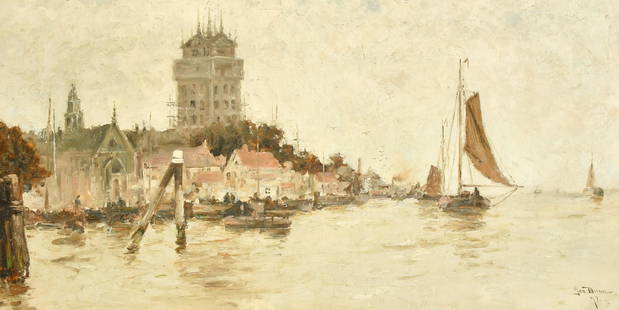 George Bunn, Circa 1897, barges approaching a Continental town quay, oil on canvas, signed and: George Bunn, Circa 1897, barges approaching a Continental town quay, oil on canvas, signed and dated, 16" x 32" (41 x 82cm).