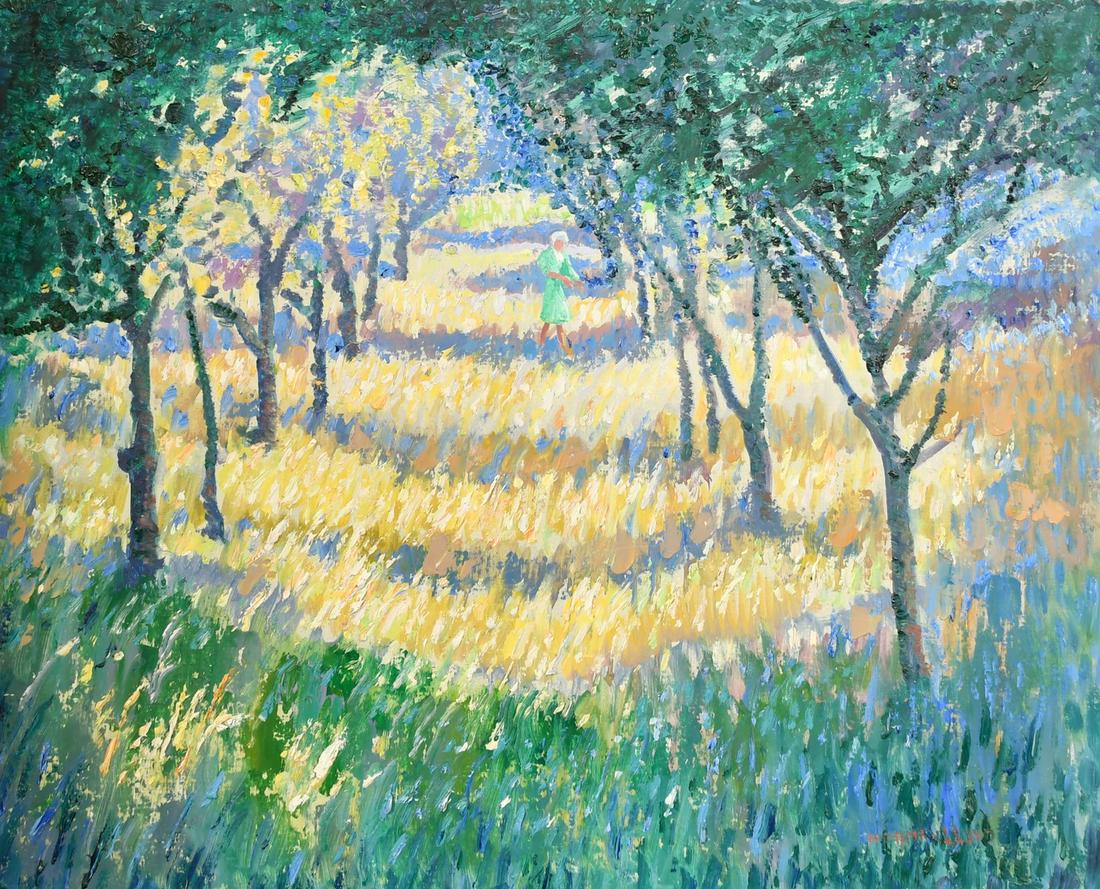 Norman Lloyd (1894-1983) Australian, female figure in a lavender lined orchard, oil on board,: Norman Lloyd (1894-1983) Australian, female figure in a lavender lined orchard, oil on board, signed, 18" x 22" (46 x 56cm), (unframed).