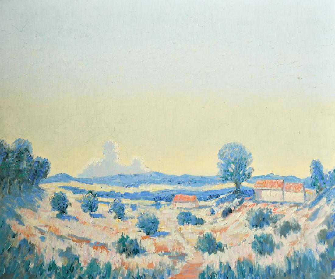 Norman Lloyd (1894-1983) Australian, cottages in colourful French landscape, oil on board, 20" x 24": Norman Lloyd (1894-1983) Australian, cottages in colourful French landscape, oil on board, 20" x 24" (51 x 61cm), (unframed).