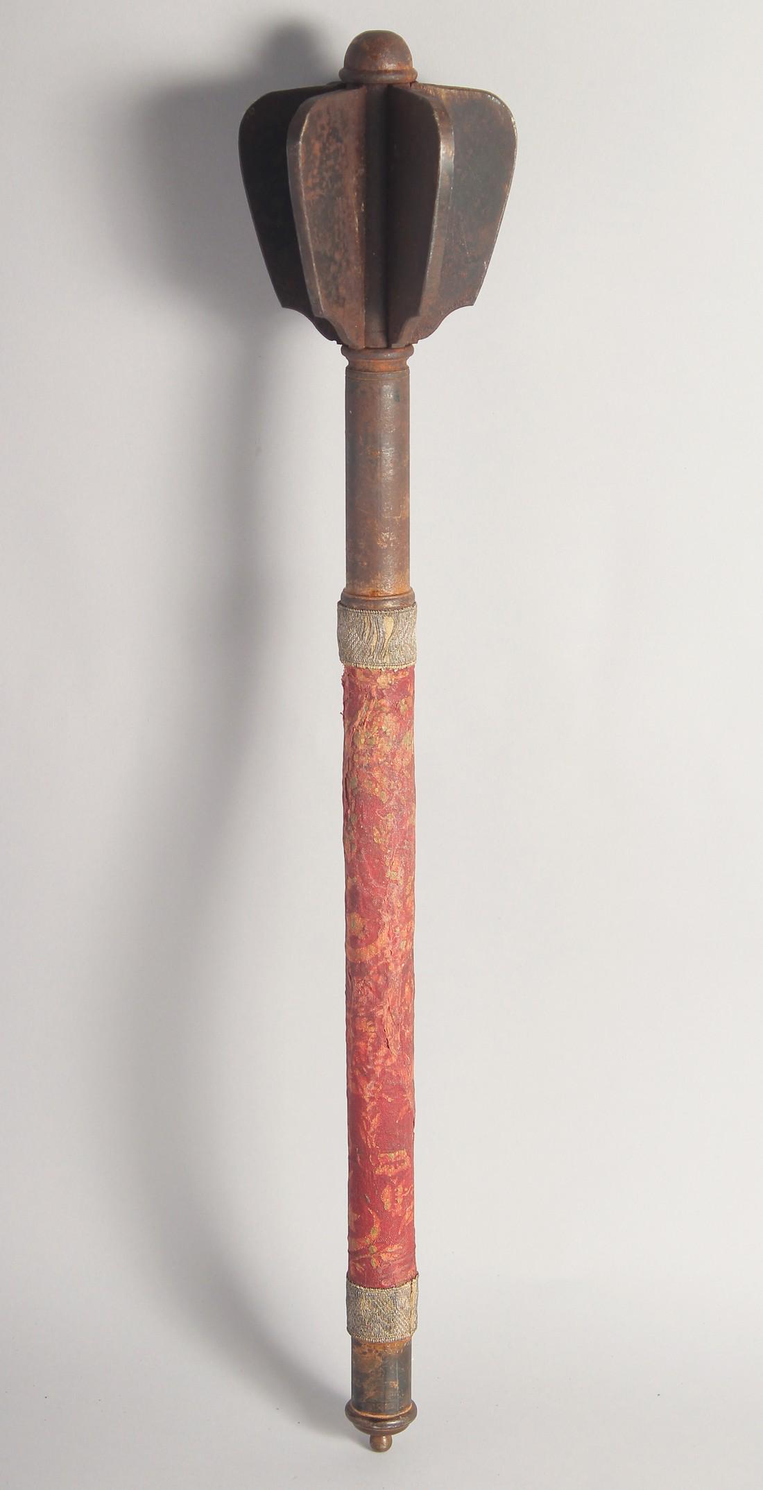AN OTTOMAN IRON MACE, with red cotton cloth grip. 57.5cm long: AN OTTOMAN IRON MACE, with red cotton cloth grip. 57.5cm long