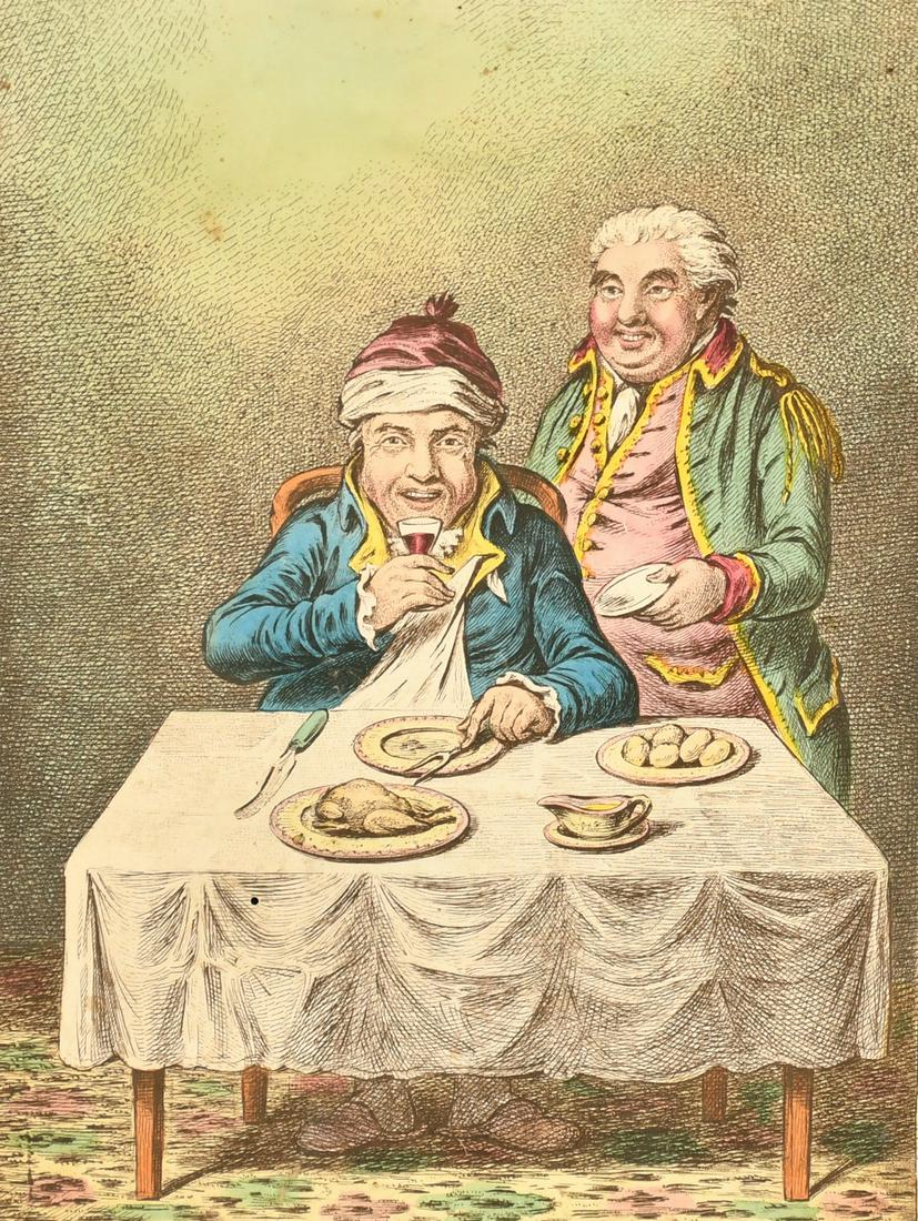 James Gillray (1757-1815), 'Charming - Well Again', hand-coloured caricature, 10.5" x 8" (27 x: James Gillray (1757-1815), 'Charming - Well Again', hand-coloured caricature, 10.5" x 8" (27 x 20cm), along with a Cruickshank? Caricature 'Buy a Broom', 11" x 7.75" (28 x 20cm), both unframed, (2).