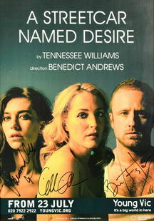 A poster for the Young Vic production of 'A Streetcar Named Desire', signed by the leading actors,: A poster for the Young Vic production of 'A Streetcar Named Desire', signed by the leading actors, Gillian Anderson, Vanessa Kirby and Ben Foster, 16" x 11.5" (40 x 29cm).