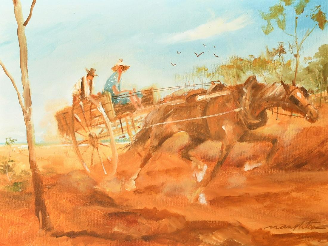 20th century Australian School, 'Old Puffing Billy', figures on a horse and cart, oil on board,: 20th century Australian School, 'Old Puffing Billy', figures on a horse and cart, oil on board, indistinctly signed, 12" x 16" (30 x 40cm).