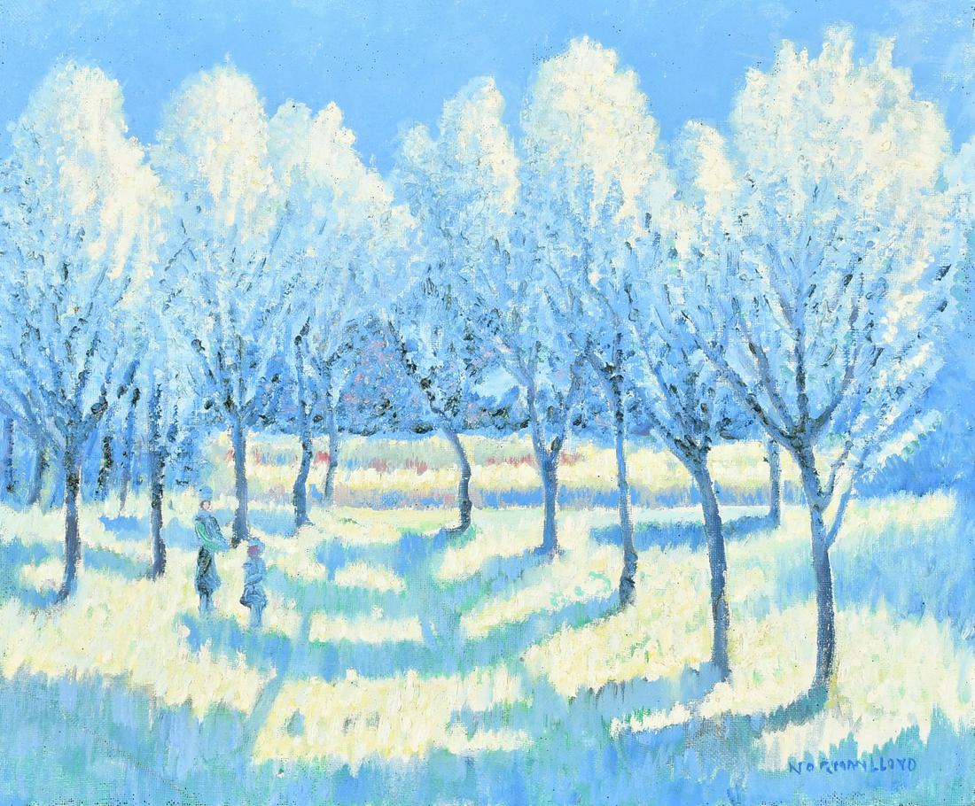 Norman Lloyd (1894-1983) Australian, figures standing in an orchard in blossom, oil on canvas,: Norman Lloyd (1894-1983) Australian, figures standing in an orchard in blossom, oil on canvas, signed, 18.5" x 21.75" (47 x 55cm), unstretched and unframed.