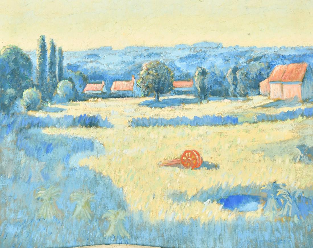 Norman Lloyd (1894-1983) Australian, farm buildings in a landscape with hills beyond, oil on canvas,: Norman Lloyd (1894-1983) Australian, farm buildings in a landscape with hills beyond, oil on canvas, 19.5" x 24" (50 x 61cm), unstretched and unframed.