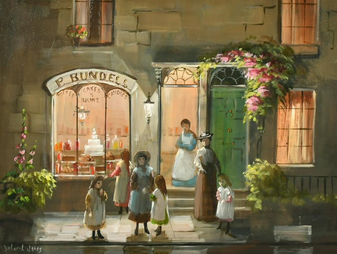 Deborah Jones (1921-2012), a pair of oil on board scenes of figures outside of shops, each 12" x 16" (1 of 6)