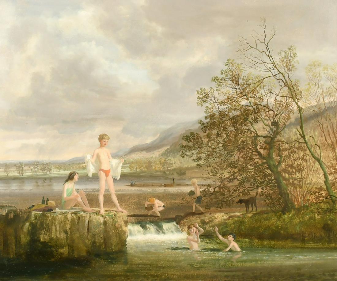 Claude William Harrison (1922-2009) children and a dog swimming in a river, oil on board, signed,: Claude William Harrison (1922-2009) children and a dog swimming in a river, oil on board, signed, 20" x 24" (51 x 61cm).