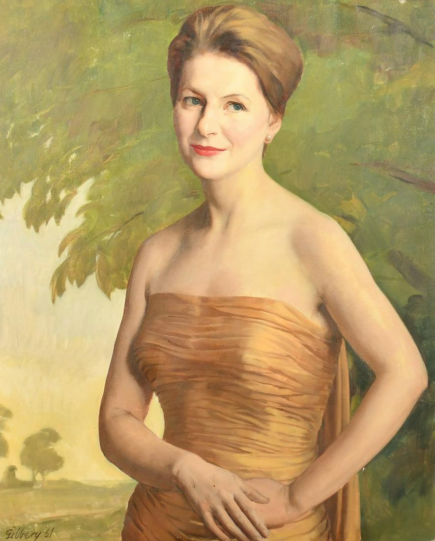 Michael Gilbery (1913-2000) British, a portrait of an elegant lady in an off-shoulder dress, oil on (1 of 4)
