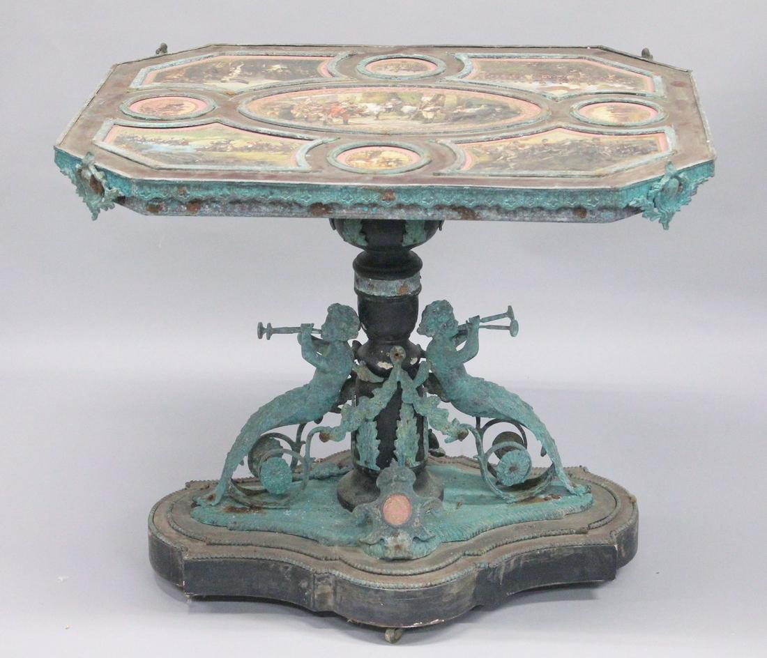 A HIGHLY ORNATE SHAPED RECTANGULAR PEDESTAL TABLE inset with Sevres style porcelain panels, (1 of 11)