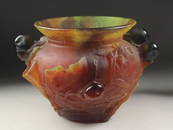 A SUPERB LARGE DAUM PATE DE VERRE GLASS FIG LEAF FORM CIRCULAR VASE, with dark figs and lizards on