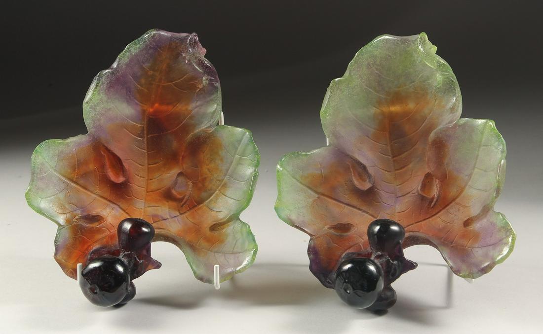 A SUPERB PAIR OF DAUM PATE DE VERRE GLASS FIG LEAF DISHES each with two long dark figs.  Signed: (1 of 4)