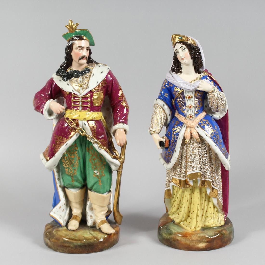 A VERY GOOD PAIR OF TURKISH FIGURES, a man and a woman in colourful garb. Possibly Jacob Petit, on: A VERY GOOD PAIR OF TURKISH FIGURES, a man and a woman in colourful garb. Possibly Jacob Petit, on circular bases. 16ins high.