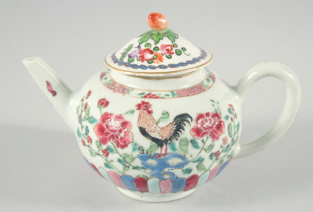 AN 18TH/19TH CENTURY CHINESE FAMILLE ROSE PORCELAIN TEAPOT, painted with a cockerel and flowers,: AN 18TH/19TH CENTURY CHINESE FAMILLE ROSE PORCELAIN TEAPOT, painted with a cockerel and flowers, 16cm (spout to handle).