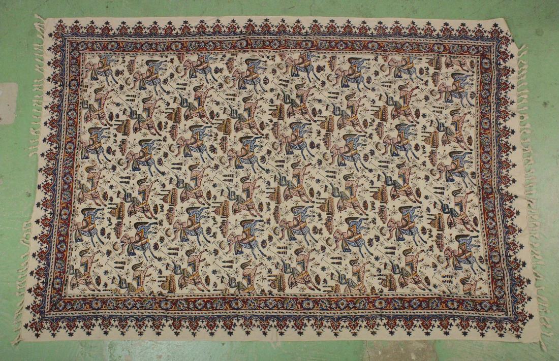 A PERSIAN STYLE MESHKAT HAND PAINTED TEXTILE, decorated with polo players, 146cm x 100cm.: A PERSIAN STYLE MESHKAT HAND PAINTED TEXTILE, decorated with polo players, 146cm x 100cm.