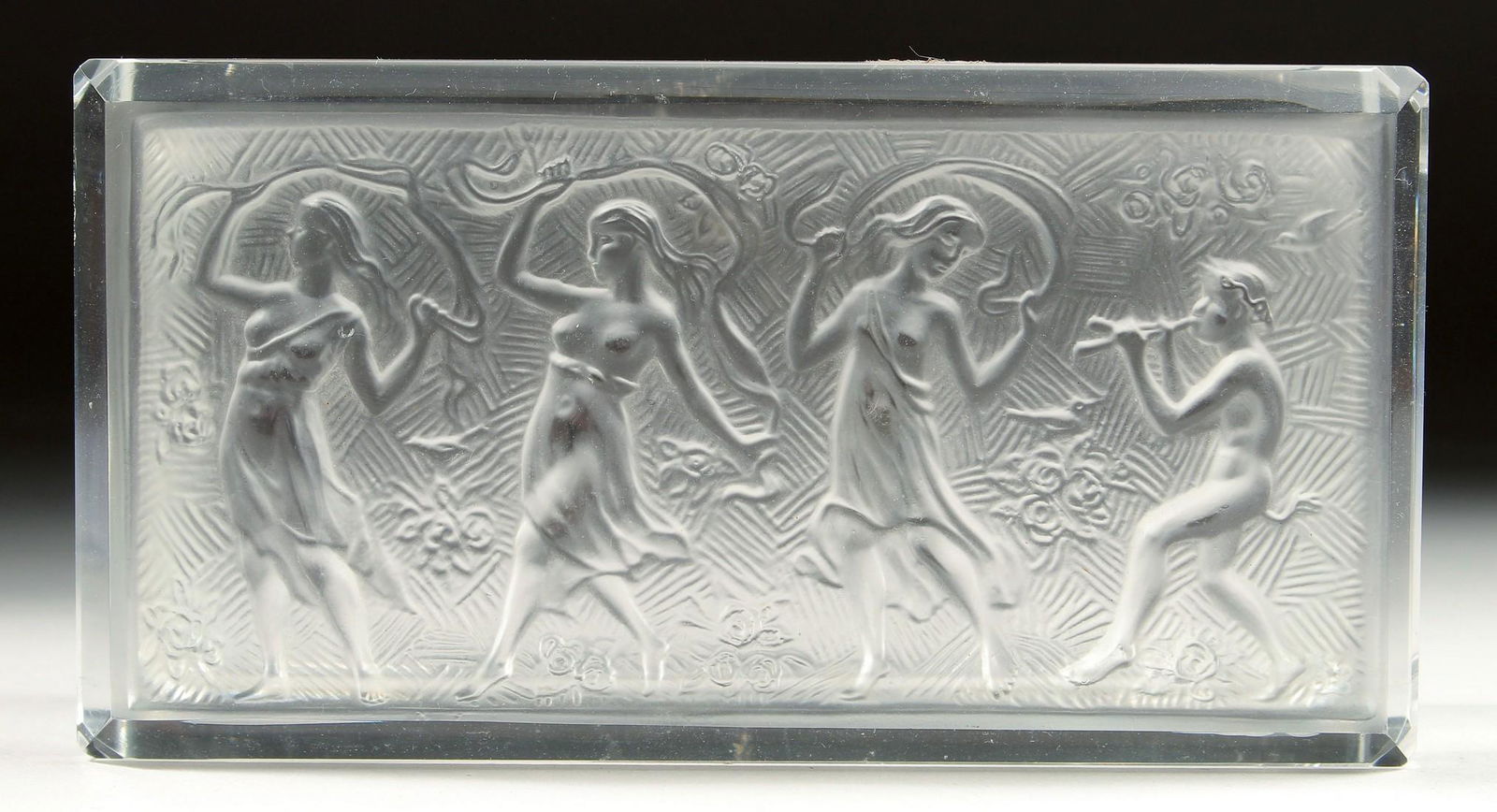 A GOOD RECTANGULAR GLASS BOX AND COVER, the cover with the Three Graces and Pan (1 of 3)