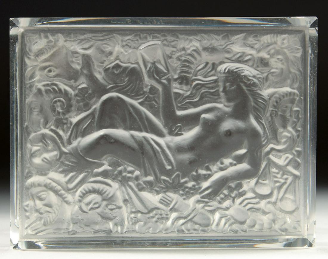 A GOOD RECTANGULAR GLASS BOX AND COVER, the cover with a reclining and zodiac motifs: A GOOD RECTANGULAR GLASS BOX AND COVER, the cover with a reclining nude holding an hourglass and surrounded by motifs relating to the zodiac signs- Capricorn, Taurus, Cancer, Pisces, Libra, Sagittariu