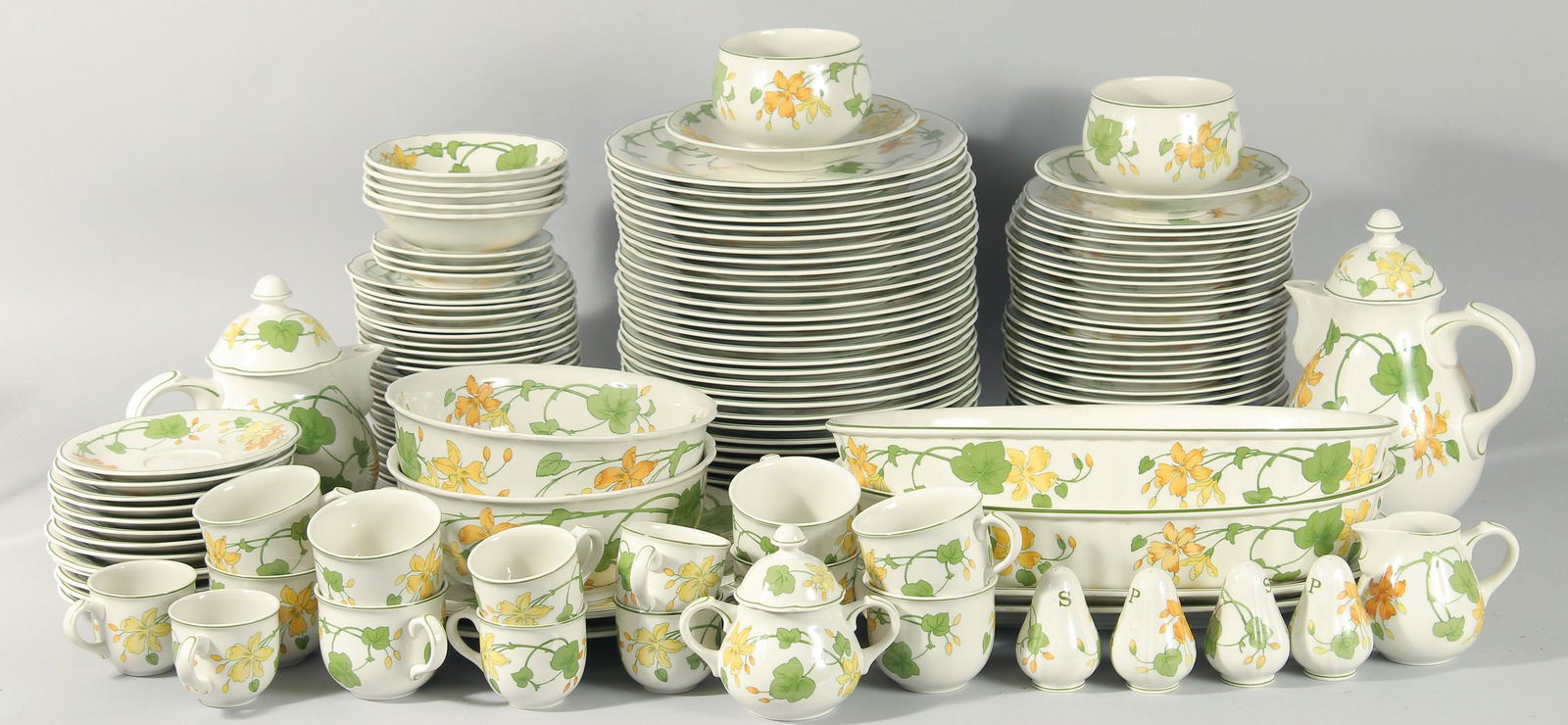 A LARGE VILLEROY and BOCH GERANIUM DINNER SERVICE comprising thirty, 10 inch dinner plates, twenty (1 of 9)