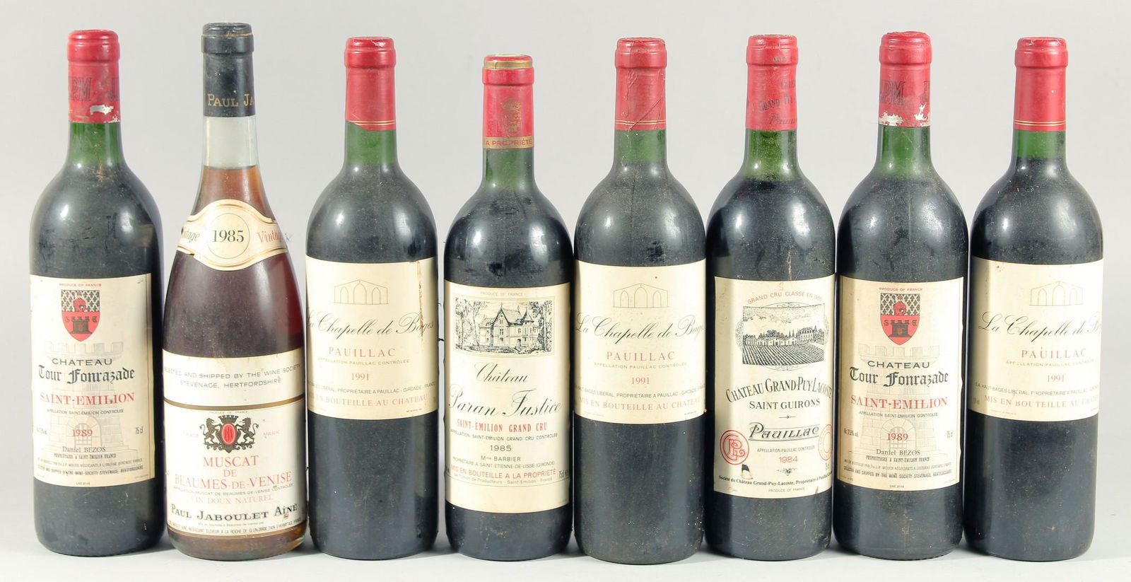LA CHAPELLE DE BAGES, PAGILLAC, 1991. THREE BOTTLES. CHATEAU TOUR FONRAZADE, SAINT- EMILION, 1989.: LA CHAPELLE DE BAGES, PAGILLAC, 1991. THREE BOTTLES. CHATEAU TOUR FONRAZADE, SAINT- EMILION, 1989. TWO BOTTLES. CHATEAU GRAD PUY LACOSTE, PAULLAC, 1984. ONE BOTTLE. CHATEAU PARAN JUSTICE, SAINT- EMILI