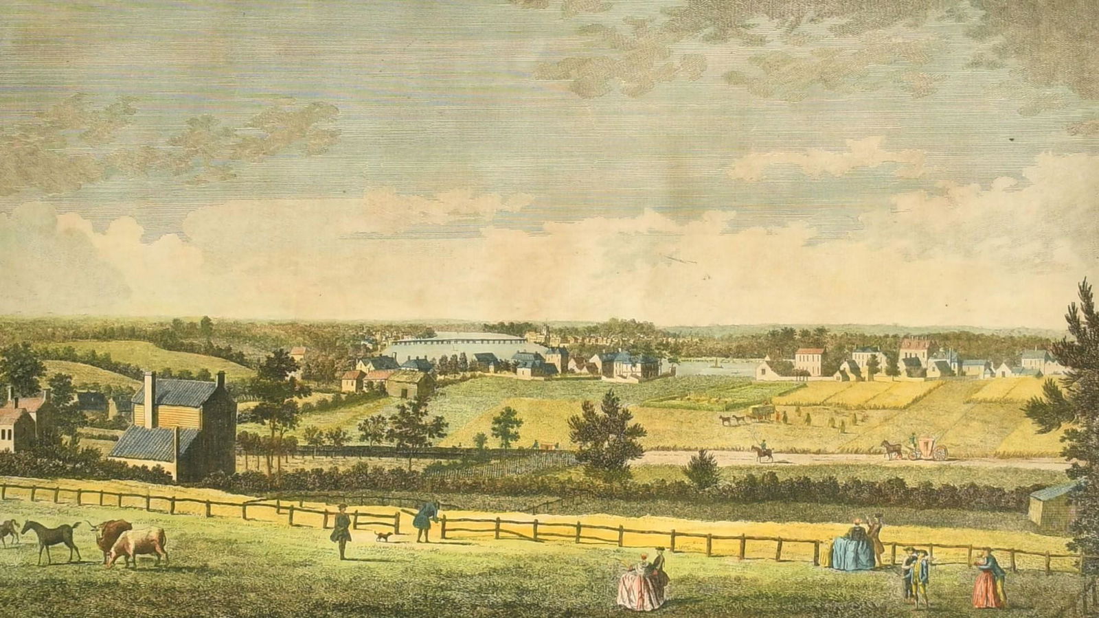 John Boydell (1719-1804), 'A View Taken off Wandsworth Hill, Looking Towards Fulham', hand coloured: John Boydell (1719-1804), 'A View Taken off Wandsworth Hill, Looking Towards Fulham', hand coloured engraving, 10" x 16" (26 x 41cm).