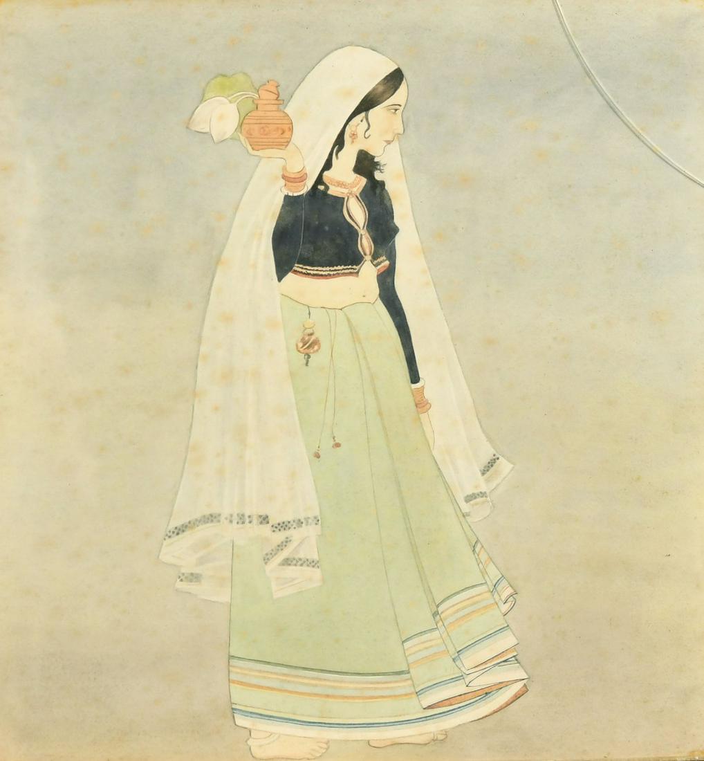 Indian School, Early 20th Century, a study of a young lady holding a jar, watercolour, 12" x 11" (30 (1 of 3)