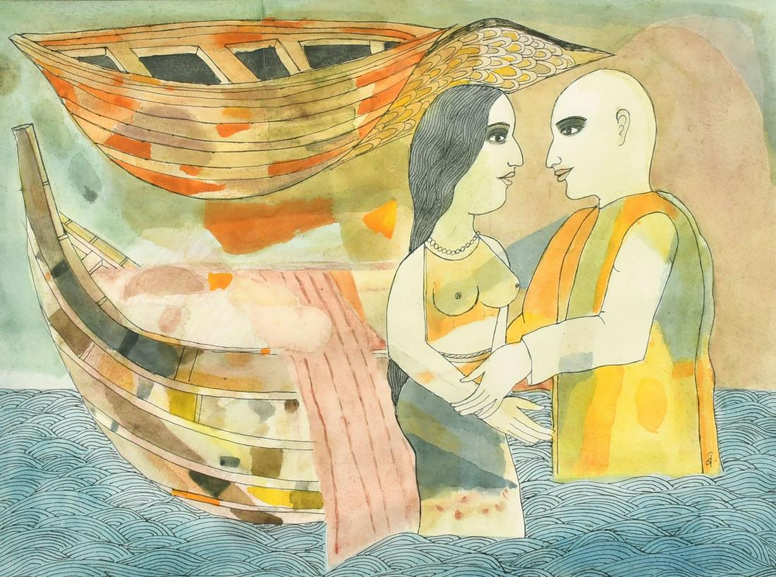Badri Narayan (1929-2013) Indian, embracing figures by boats in a waterway, watercolour, signed with (1 of 4)