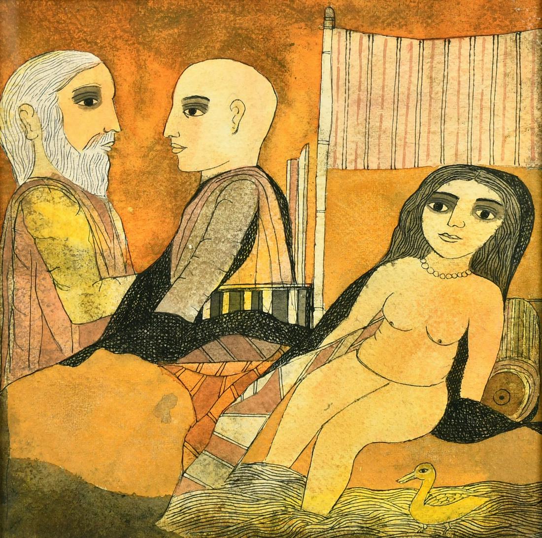 Badri Narayan (1929-2013) Indian, a female nude and two other figures by a stream, watercolour,: Badri Narayan (1929-2013) Indian, a female nude and two other figures by a stream, watercolour, 10.5" x 10.5" (27 x 27cm).