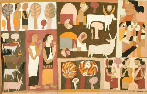 Kalal Laxma Goud (B. 1940) Indian, an untitled composition of scenes of figures, cattle and trees,: Kalal Laxma Goud (B. 1940) Indian, an untitled composition of scenes of figures, cattle and trees, gouache on card, signed and dated 1961, image size 8.25" x 14" (21 x 36cm).