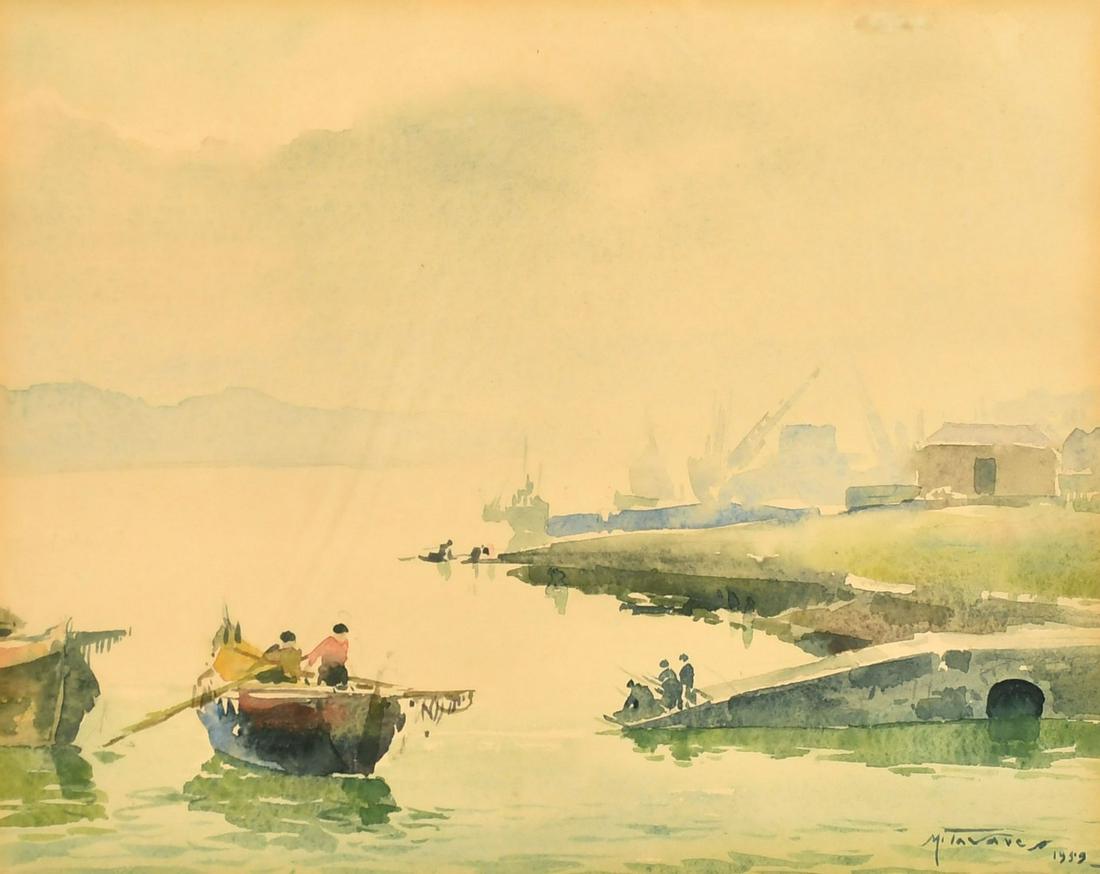 Manuel Tavares (1911-1974) figures on a fishing boat, watercolour, signed and dated 1959, 9.5" x 12" (1 of 7)