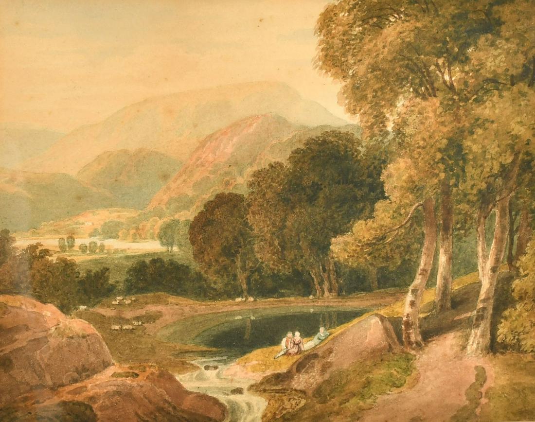 Circle of John Varley, A group of figures resting by a lake with mountains in the distance,: Circle of John Varley, A group of figures resting by a lake with mountains in the distance, watercolour, 8.25" x 10.75", (21x27.5cm).