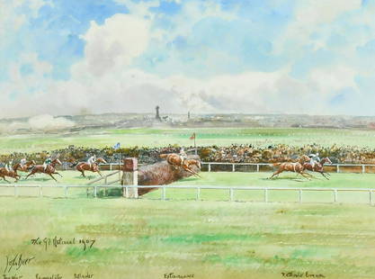 John Beer (1860-1930), A pair of watercolour scenes of the Grand National 1907, signed and inscribed: John Beer (1860-1930), A pair of watercolour scenes of the Grand National 1907, signed and inscribed with the horses' names, each 10" x 14" (25 x 36cm), (2).