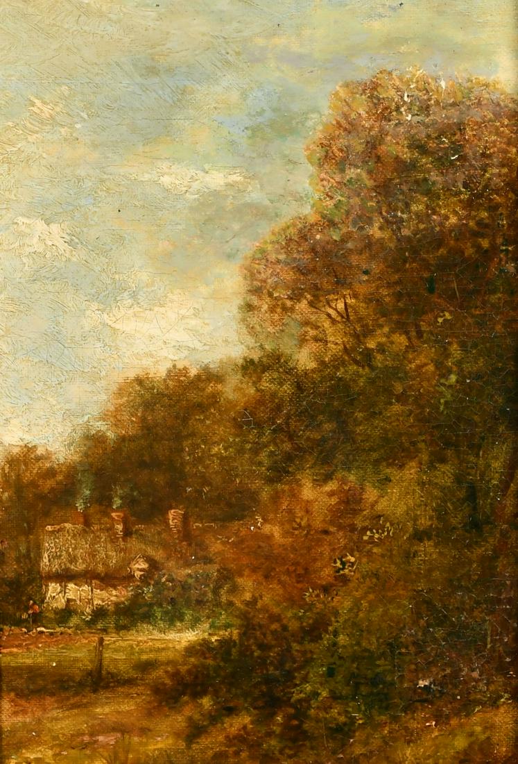 Circle of John Constable, Cottage at the edge of wood, oil on canvas laid on board, label verso, 10": Circle of John Constable, Cottage at the edge of wood, oil on canvas laid on board, label verso, 10" x 7.75", (25.5x19.5cm).