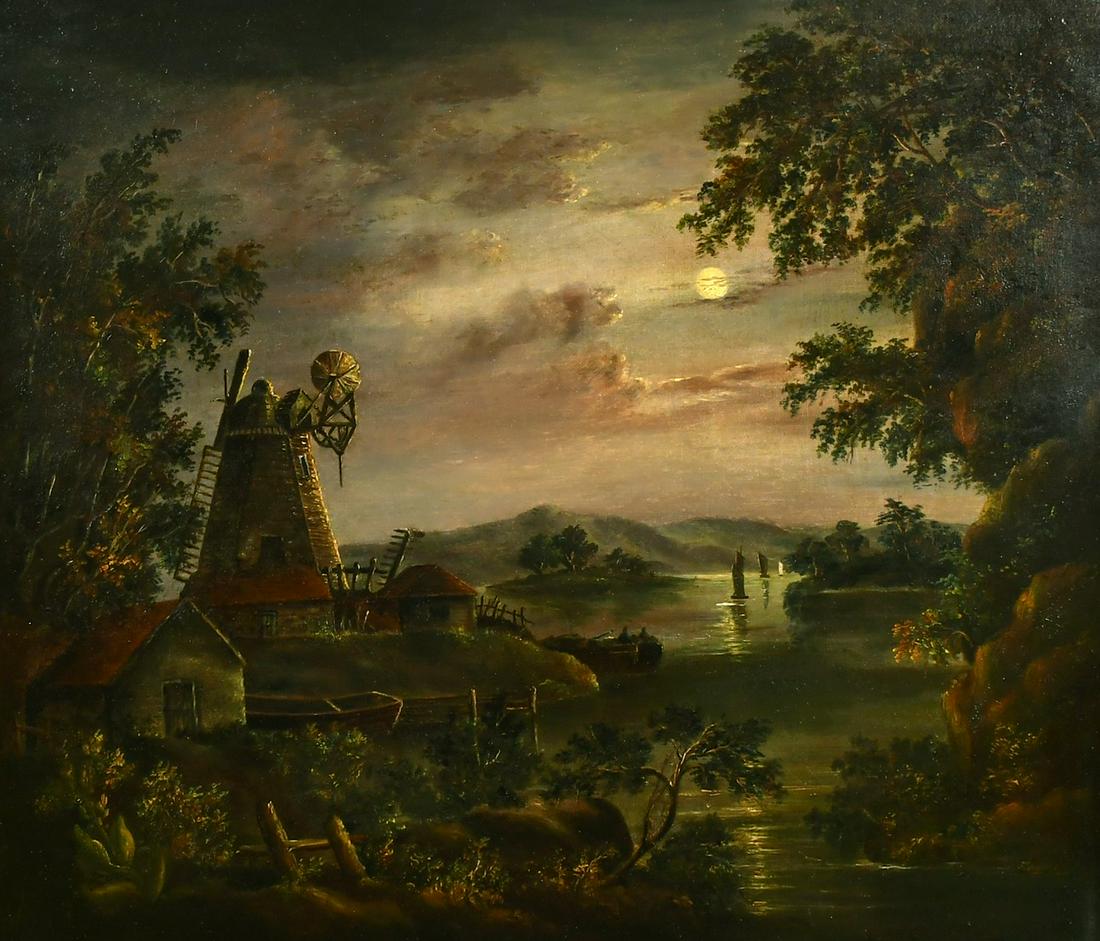 Circle of Pether (19th Century), A moonlit view of a mill by a river with sailboats beyond, oil on: Circle of Pether (19th Century), A moonlit view of a mill by a river with sailboats beyond, oil on canvas, 22.75" x 26", (58x66cm).