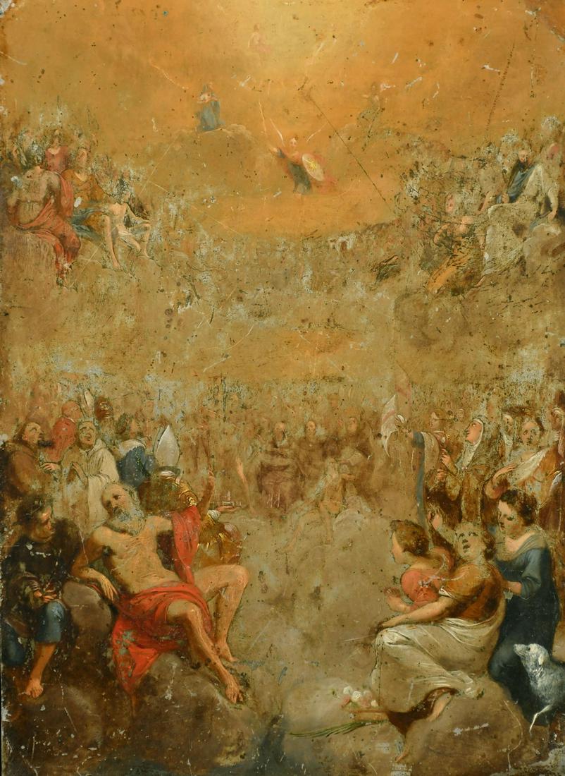 An old master painting of figures gathered beneath angels revealing themselves from the sky, also (1 of 3)