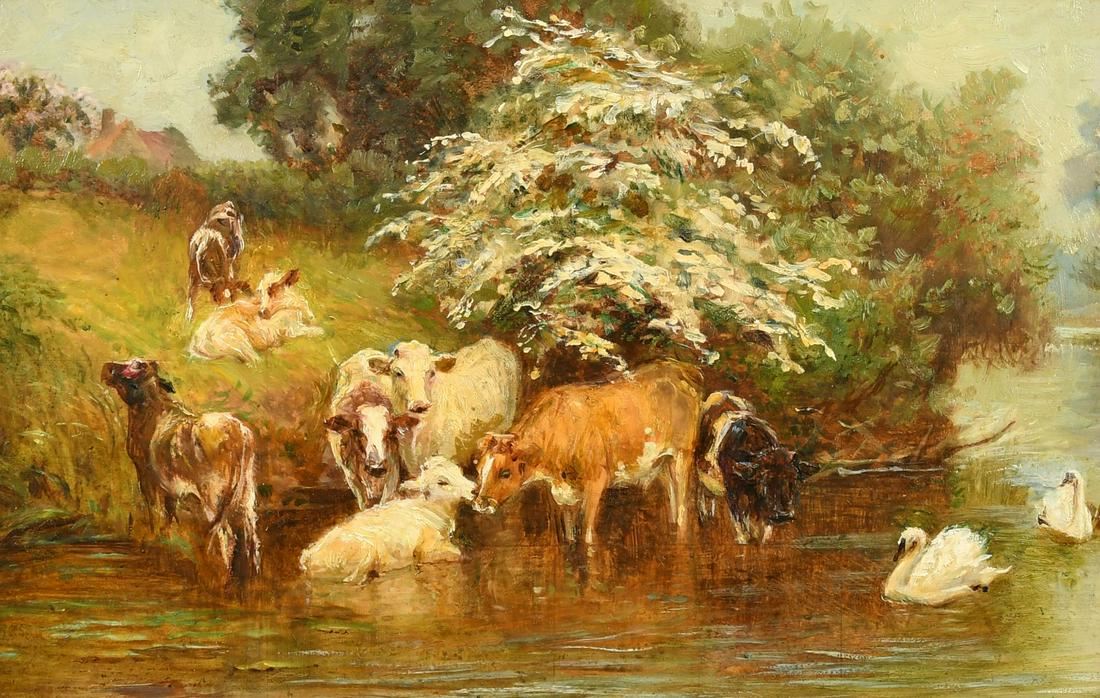 Circle of Basil Bradley (1842-1904) British, 'May Time', oil on panel, 9" x 13.5" (23 x 34cm). (1 of 3)